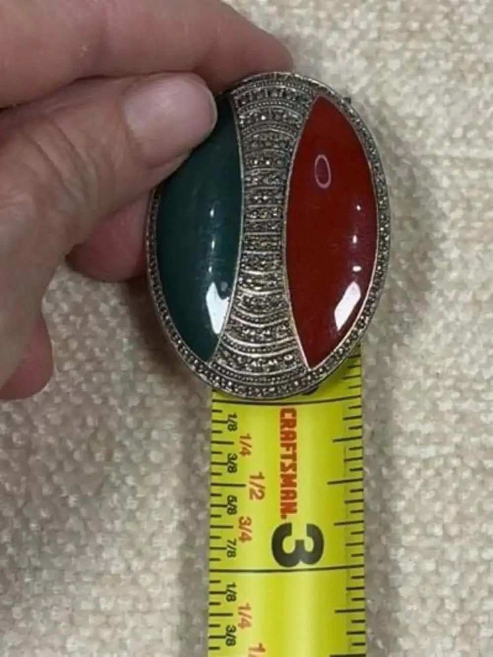 Art Deco Style Sterling Silver Marcasite Green Agate Red Carnelian Oval Brooch